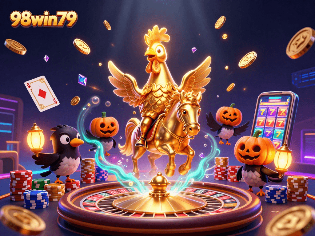 Experience thrilling action at 98win79 with a golden rooster and pumpkin-headed crows in a vibrant casino.