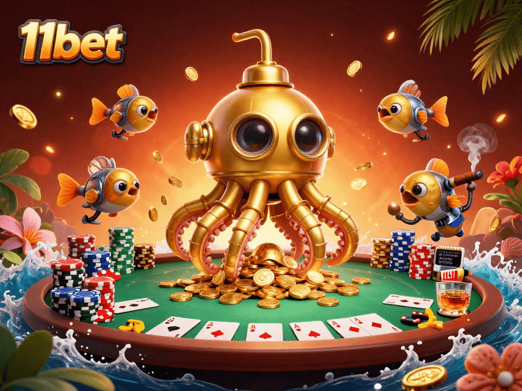Engage with 11bet's exciting poker scene featuring a golden kraken and dynamic casino elements