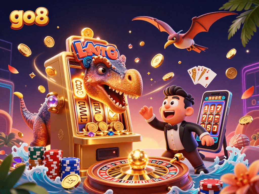 GO8 casino scene with a dinosaur jackpot hit and characters collecting flying coins.