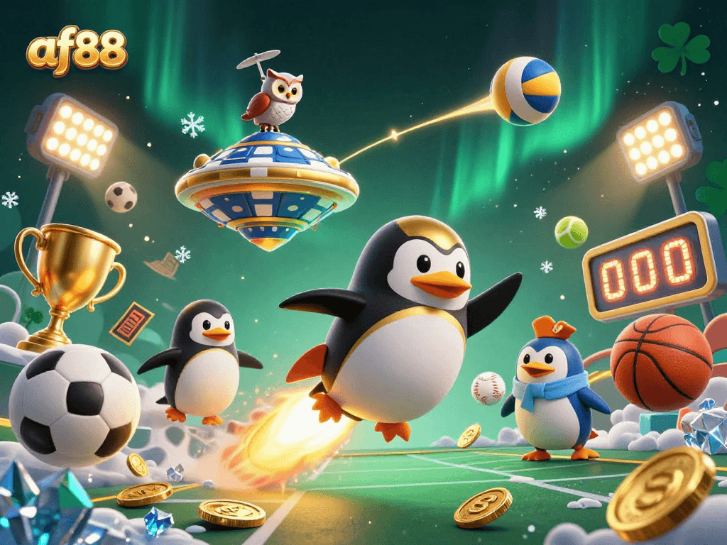 Experience thrilling action with the af88 casino as a golden penguin rockets through space toward a poker chip station.