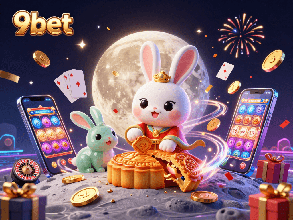 Engage in thrilling gameplay with 9bet's vibrant 3D casino scene showcasing poker chips and enchanting characters.