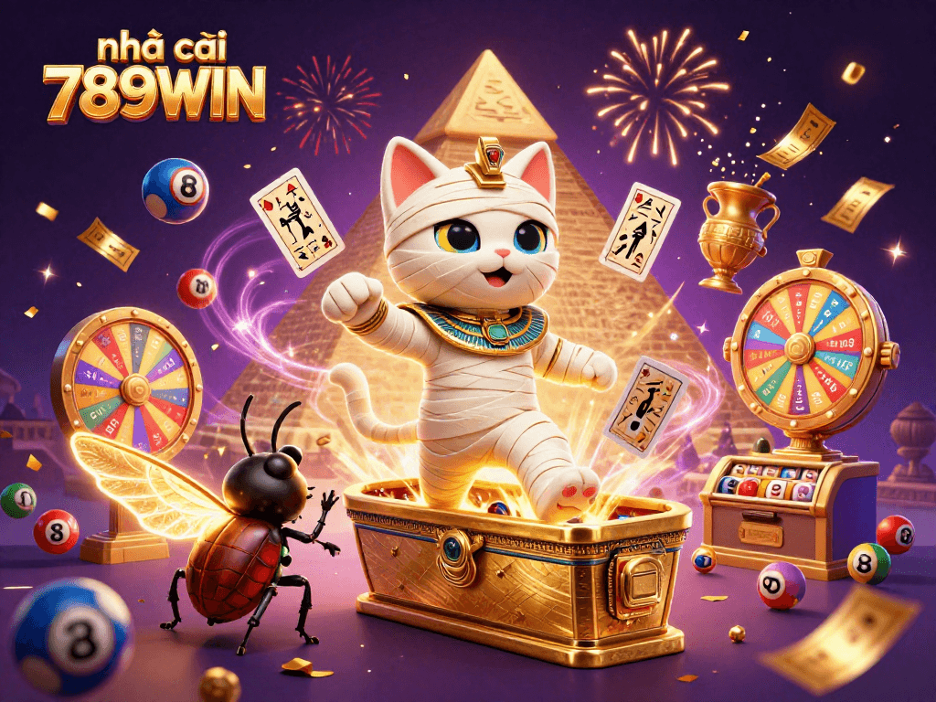 Play exciting games at nhà cái 789WIN with vibrant 3D casino elements, including a mummy cat and lottery balls.