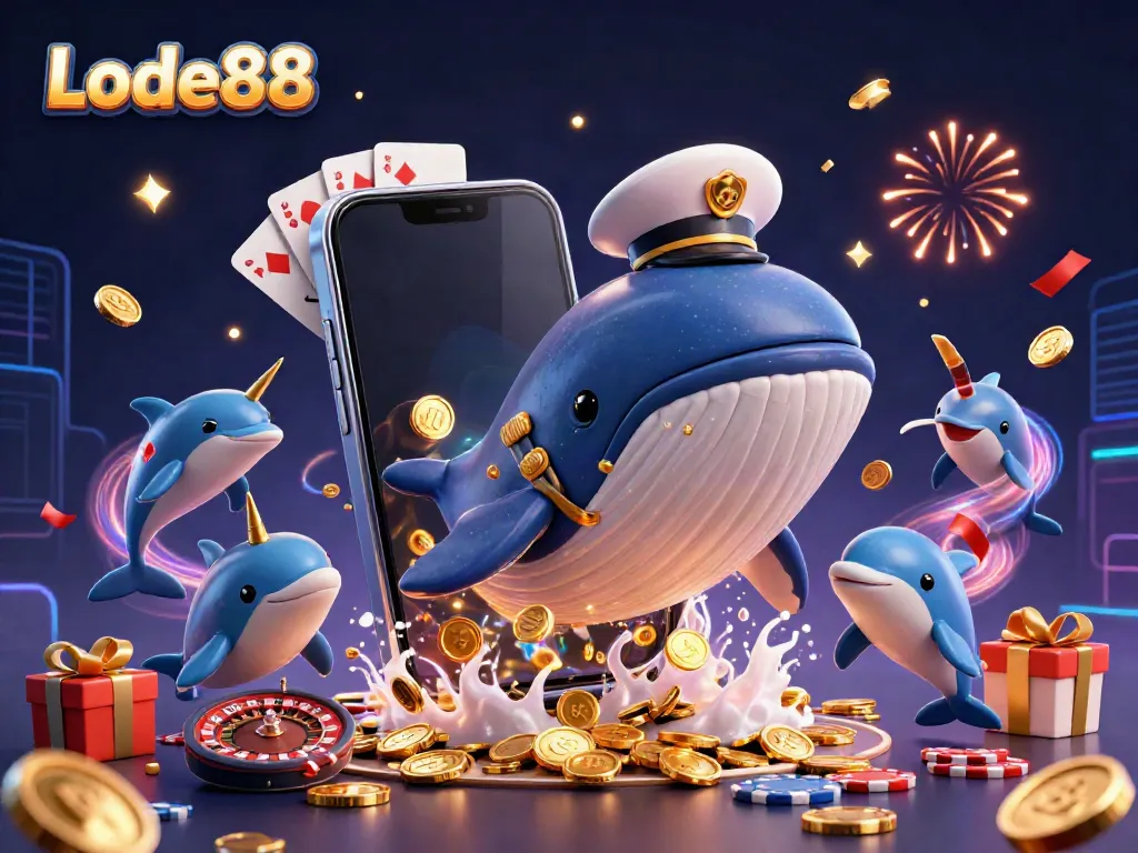 Experience thrilling gaming at Lode88 with a whimsical 3D illustration of a whale and companions amid casino fun.