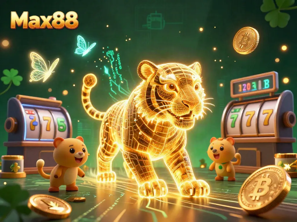 Experience the excitement of Max88 with vibrant casino elements and a golden wireframe tiger in a captivating digital casino.