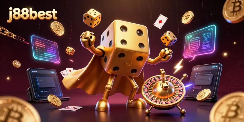 Engage with j88best's thrilling casino experience as the golden dice golem juggles for fortune.