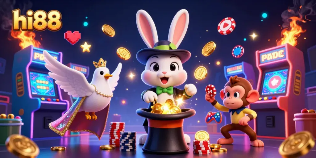 Experience excitement at hi88 with a magician rabbit pulling coins, surrounded by vibrant casino game elements.