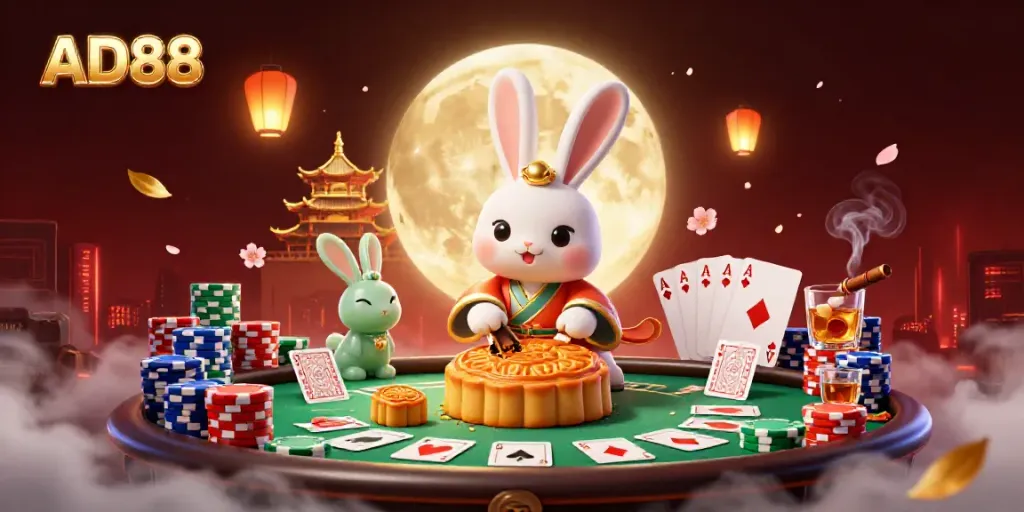 Engage with AD88's dynamic casino experience as a moon rabbit pounds mooncakes revealing poker chips.