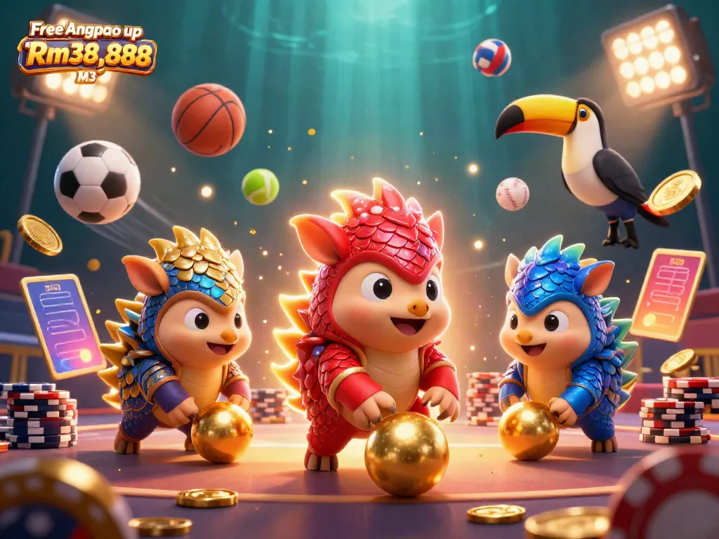 Experience the excitement of gaming with Free Angpao up Rm38,888 M3 featuring colorful pangolins and dynamic sports elements.