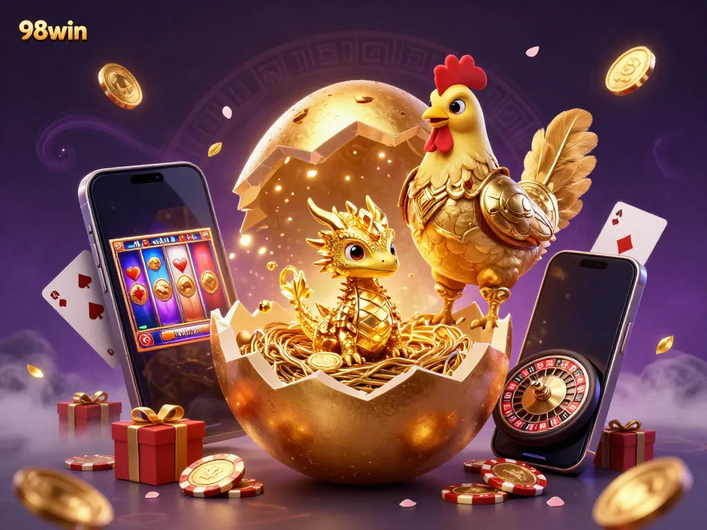 Engage with 98win’s vibrant, rich 3D scene showcasing a golden dragon and casino elements.