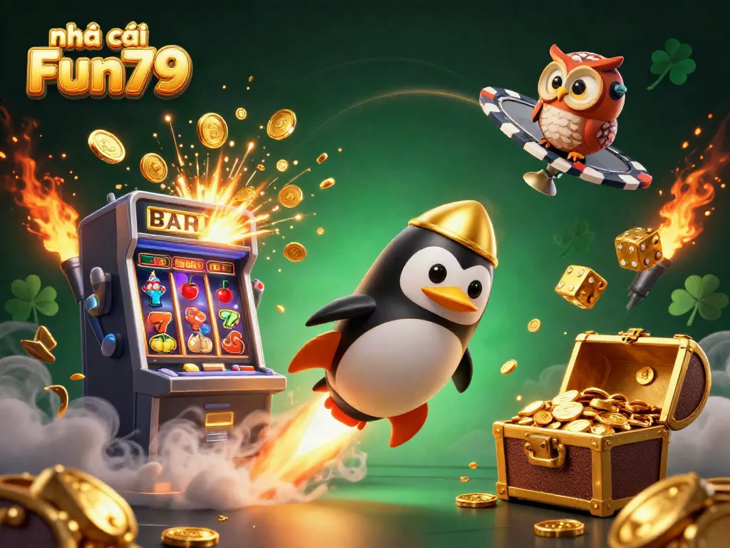 Experience the thrill at nhà cái Fun79, featuring a dynamic 3D casino scene with vibrant symbols and golden coins.