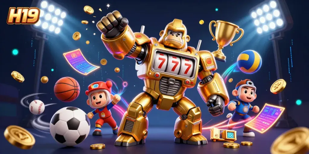 Experience exciting gameplay with H19's golden gorilla mech illustrating winning slots and vibrant sports elements.