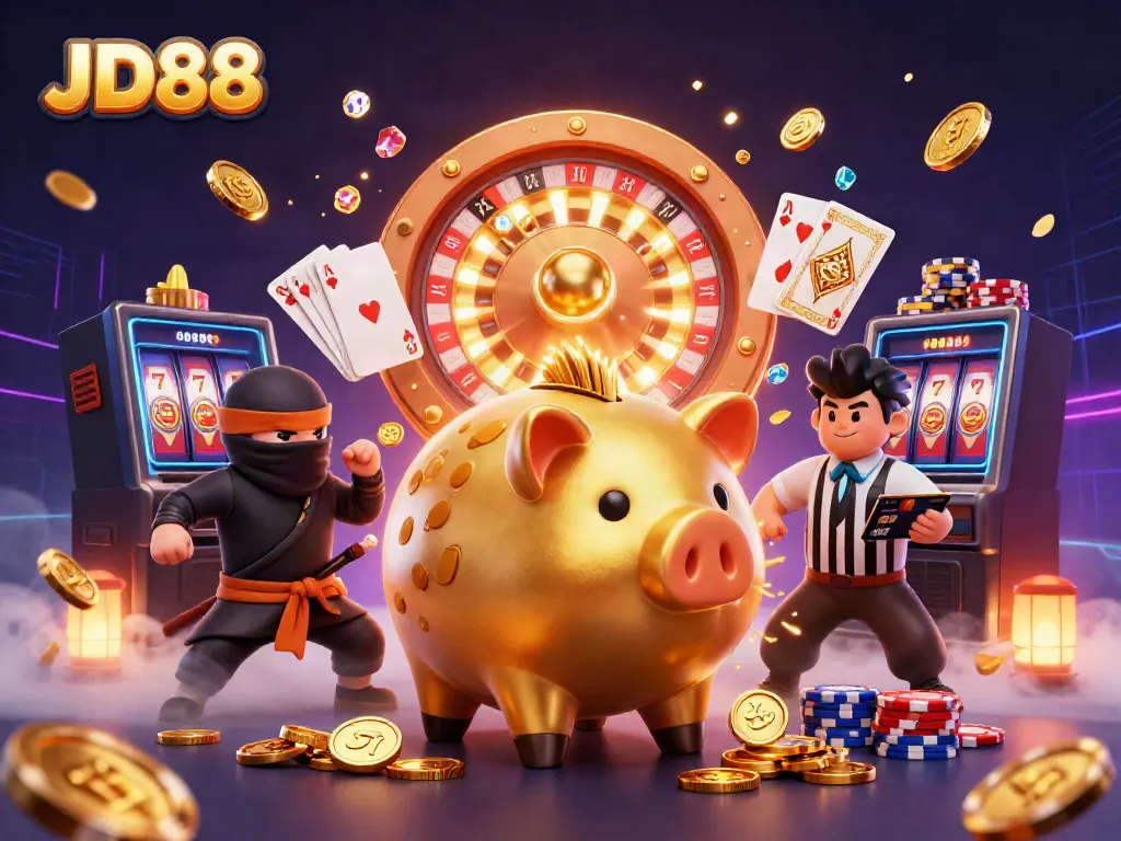 Experience the vibrant energy of JD88 with a sumo wrestler, ninja, and referee amidst casino elements.