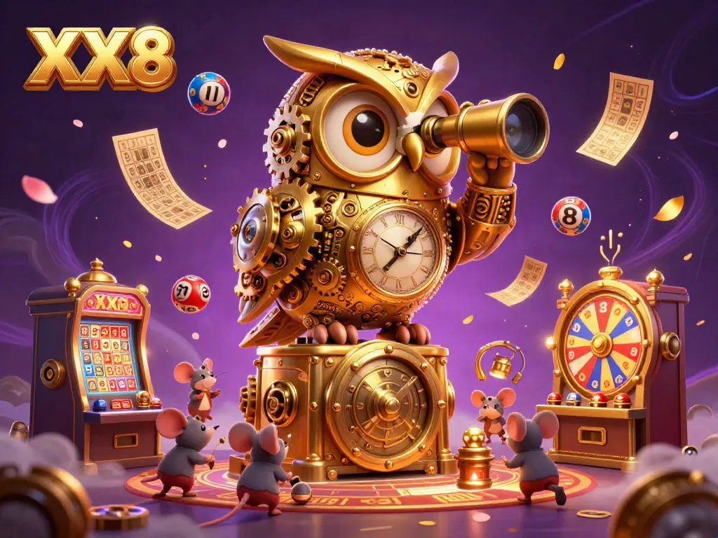 Experience the thrill of XX8's vibrant casino with a golden owl overseeing the fun, rich in dynamic elements.