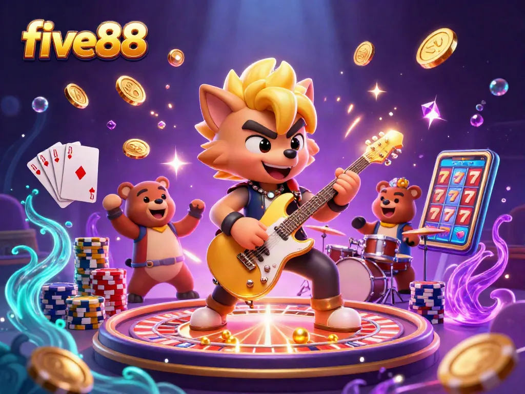 Experience five88's dynamic casino scene with a rocking wolf, golden coins, and lively game elements.