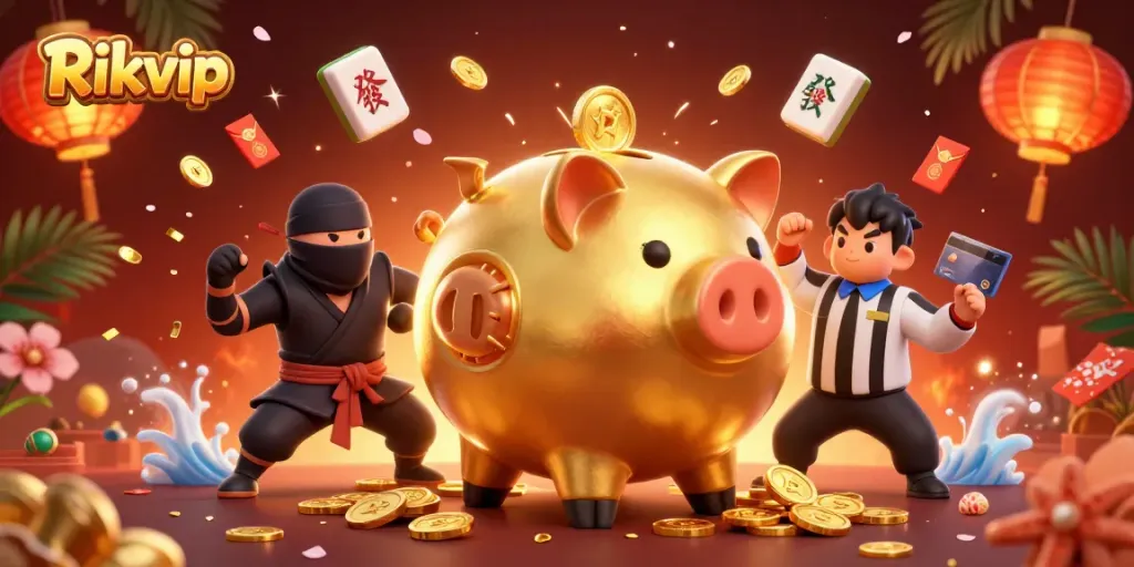 Experience thrilling wins with Rikvip in this dynamic casino illustration showcasing vibrant gaming elements.