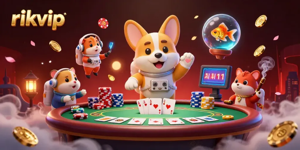 Experience thrilling adventures at rikvip, spotlighting a floating casino scene with delightful characters.