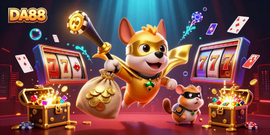 Engage with DA88 slots as a superhero dog and hamster charge through an exciting casino world.