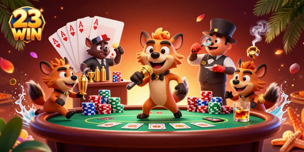 Experience thrilling gaming action at 23 WIN's comedy casino club with lively hyenas.
