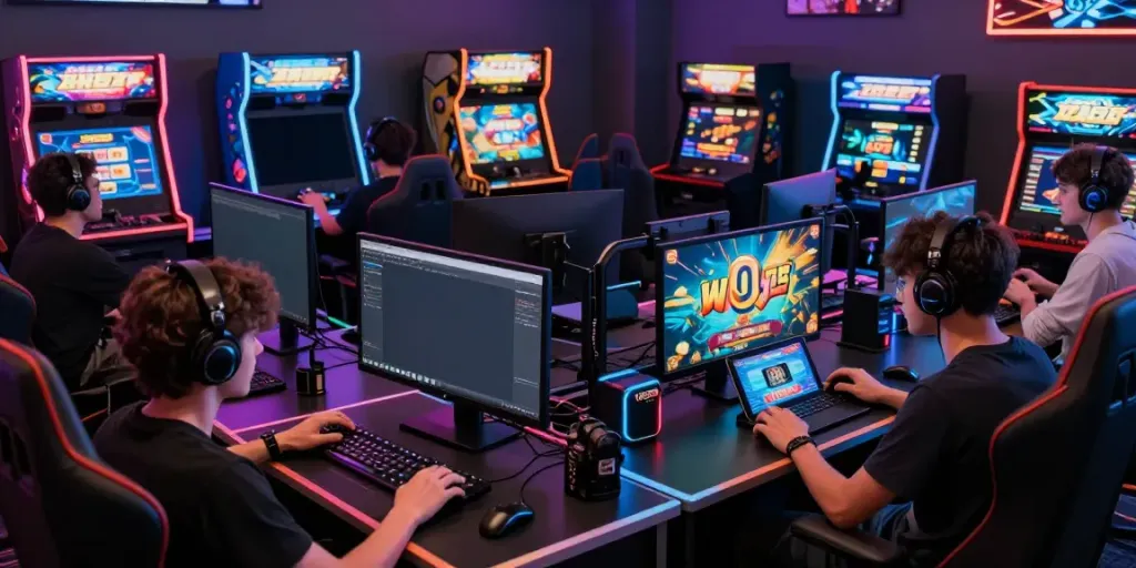 Engaged players exploring the ZBET online gaming platform at vibrant gaming desks.