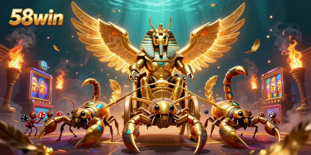 Engage with 58win casino excitement featuring a golden scarab beetle amidst vibrant slots and dynamic elements.