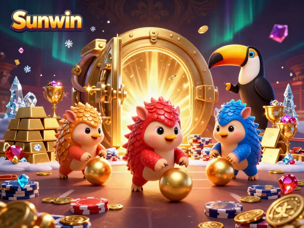 Witness Sunwin pangolins competing in a vibrant casino scene with poker chips and treasures.