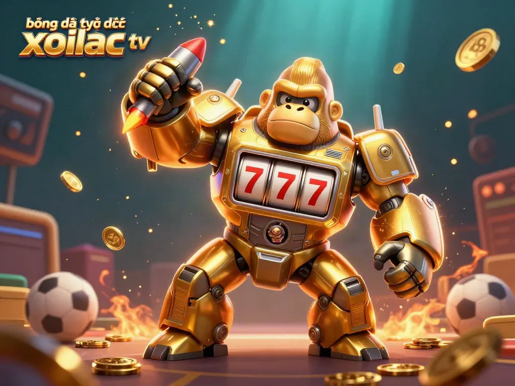 bóng đá trực tuyến xoilac tv showcases a vibrant 3D scene of sports betting excitement with a transformative golden gorilla mech.