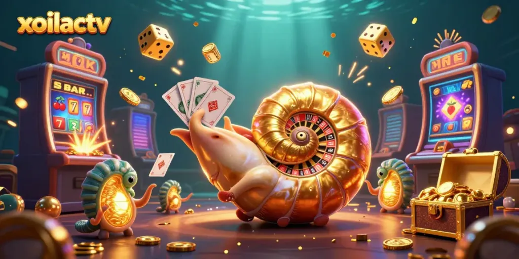 Xoilactv showcases an exciting 3D scene with an ancient nautilus roulette wheel, bursting slot machine, and glowing ammonite companions.