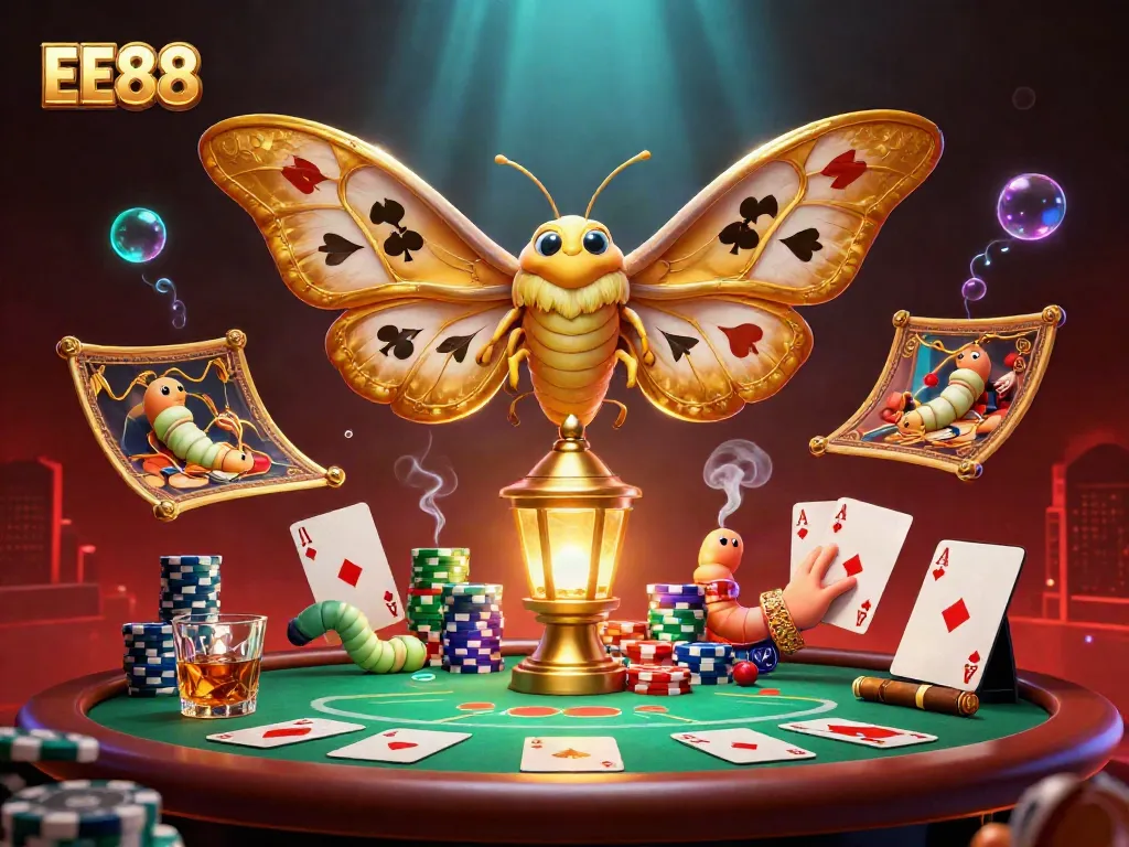 Engage with EE88's dynamic gambling world featuring a golden-winged moth on a lantern and vibrant casino elements.