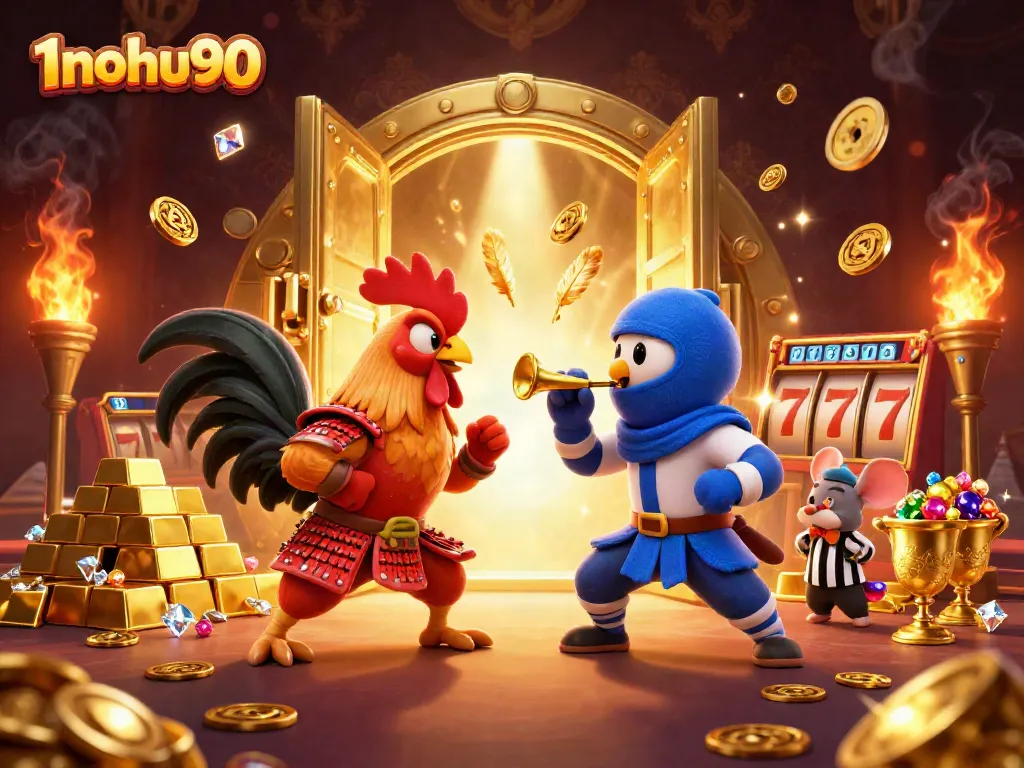 Play exciting slots and jackpots with 1nohu90 as twin roosters compete in a colorful casino scene.