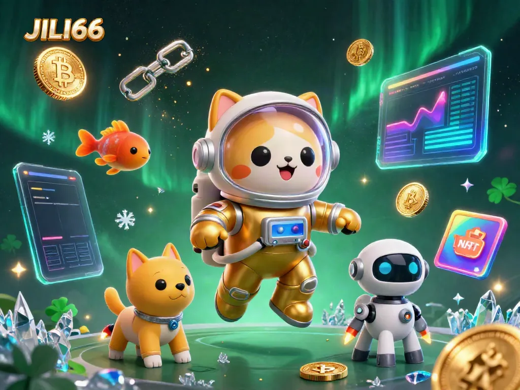 Experience JILI66's vibrant casino universe through this captivating 3D illustration of an astronaut cat and robot dog exploring a golden nebula.