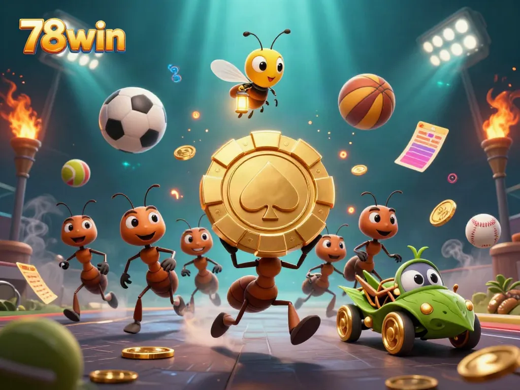Engage in the thrilling world of 78win with dynamic 3D illustration featuring a heist of golden poker chips and exciting elements.