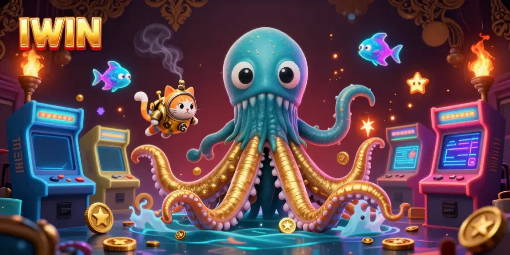 Engage with IWIN as a lively kraken and diving cat play amidst vibrant gaming machines in a rich, casino-themed underwater setting.
