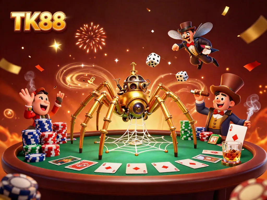 Engage with TK88's thrilling casino world of poker and excitement in a vibrant 3D illustration.