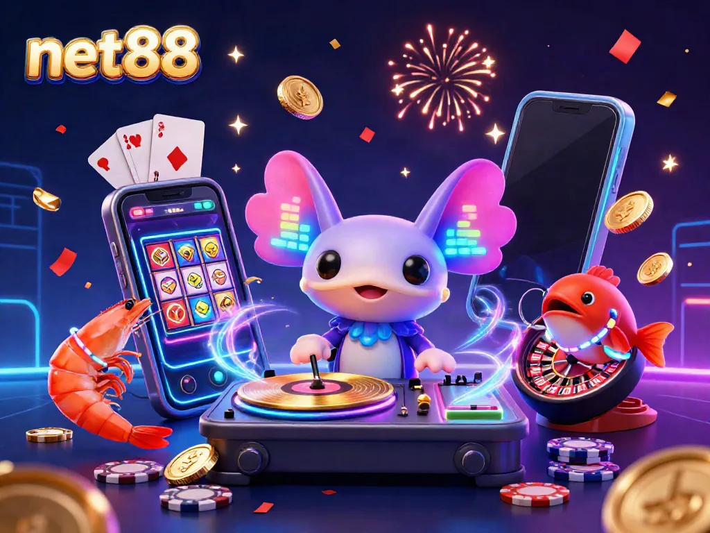 Experience the excitement at net88 with a neon party in an underwater casino scene, featuring unique gaming elements and vibrant characters.