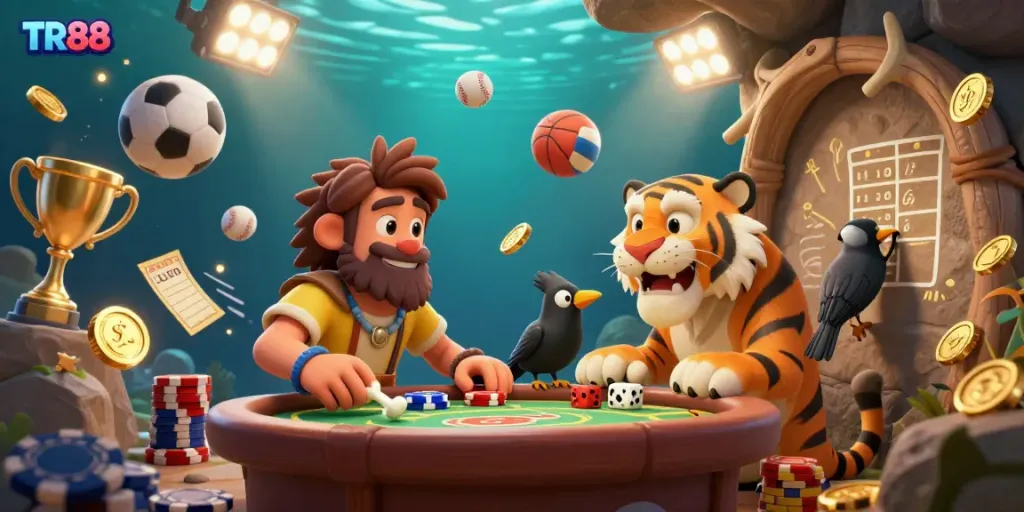 Experience the lively atmosphere at TR88's prehistoric casino with cavemen and dynamic sports elements.