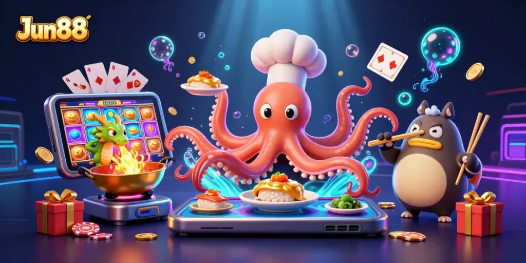 Jun88 trải nghiệm game với đầu bếp bạch tuộc và rồng may mắn, trò chơi slot hấp dẫn