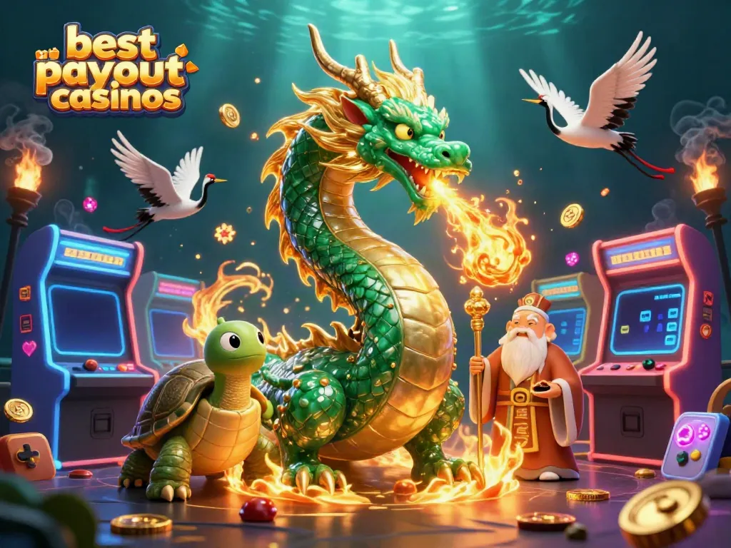 Experience best payout casinos with a jade dragon, turtle sage, and lucky cranes in a vibrant casino scene.