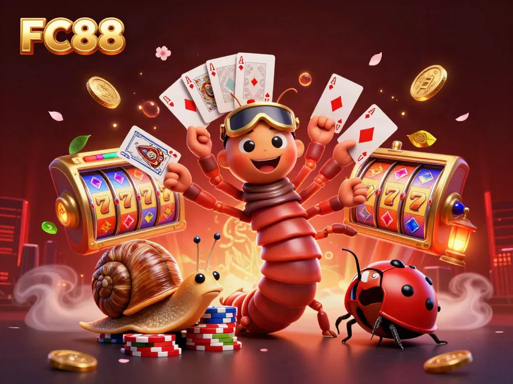 Engaging illustration of FC88 featuring a millipede dealer with cards and chip stack in a dynamic casino scene.