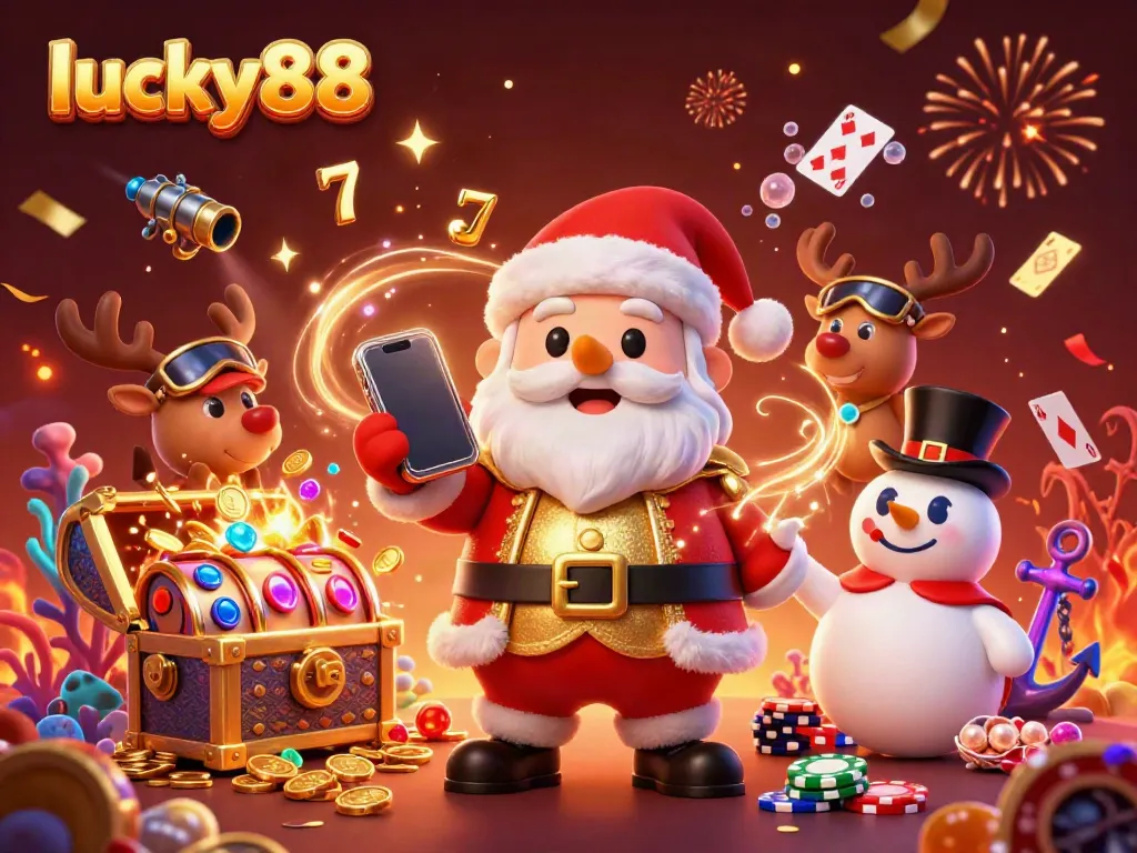 Spin the lucky88 slots jackpot with Santa and friends in a festive casino scene.
