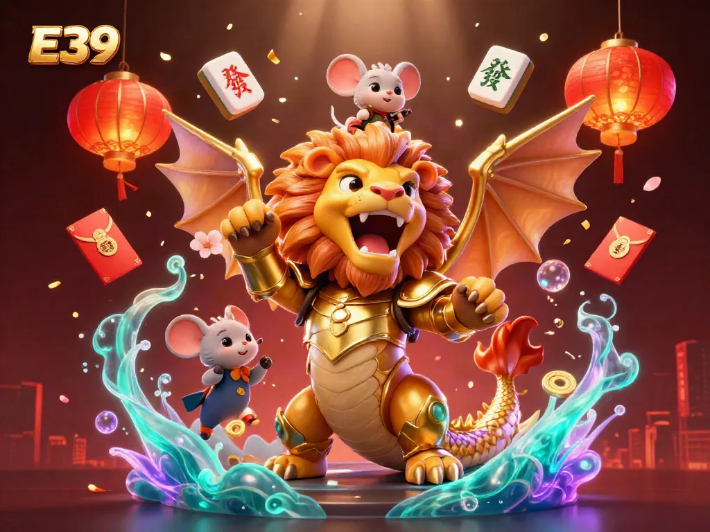 E39 roaring chimera with mouse jockey and floating casino elements celebrating winning moments.
