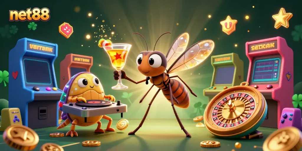Spin the golden roulette wheel with net88's lively mascot in an engaging casino scene.