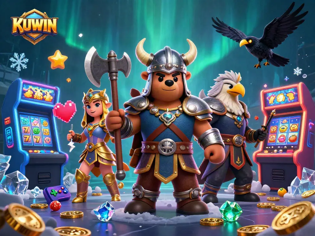 Engage with KUWIN in this vibrant casino-themed 3D illustration showcasing thrilling arcade gaming elements.