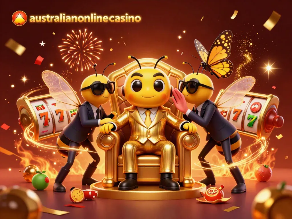 Win big with australianonlinecasino as a bumblebee mob boss oversees slot machine riches.