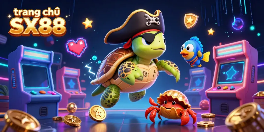 Engage with the vibrant scene of trang chủ SX88, featuring a pirate turtle, golden hermit crab, and colorful arcade elements.