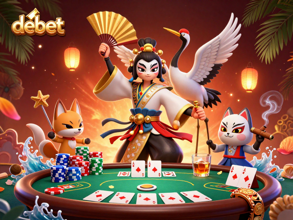 Engage in thrilling poker action with debet as colorful chips and cards surround dynamic characters.