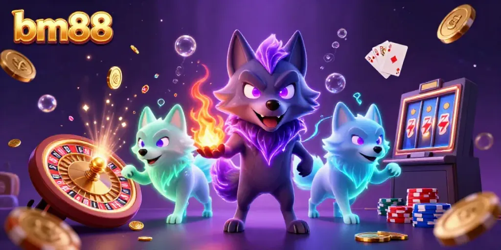 Experience thrilling gambling at bm88 with cartoon wolves, coins, and gaming excitement.