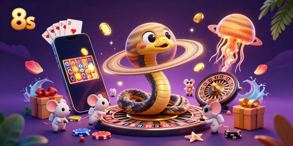 Join the cosmic fun with 8s, as the Saturn ring snake, astronaut mice, and golden jellyfish animate the vibrant gambling scene.