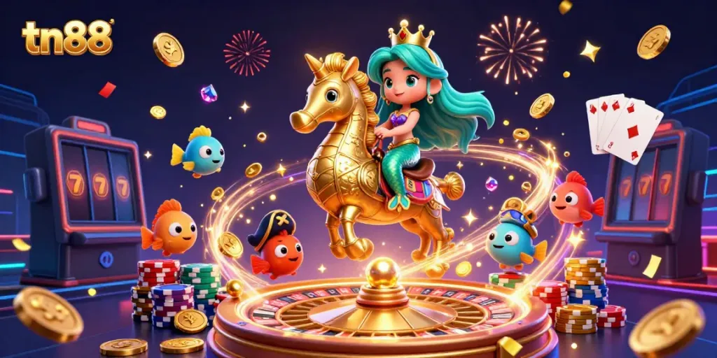tn88 Casino illustration featuring a mermaid and seahorse amidst spinning roulette and golden coins.