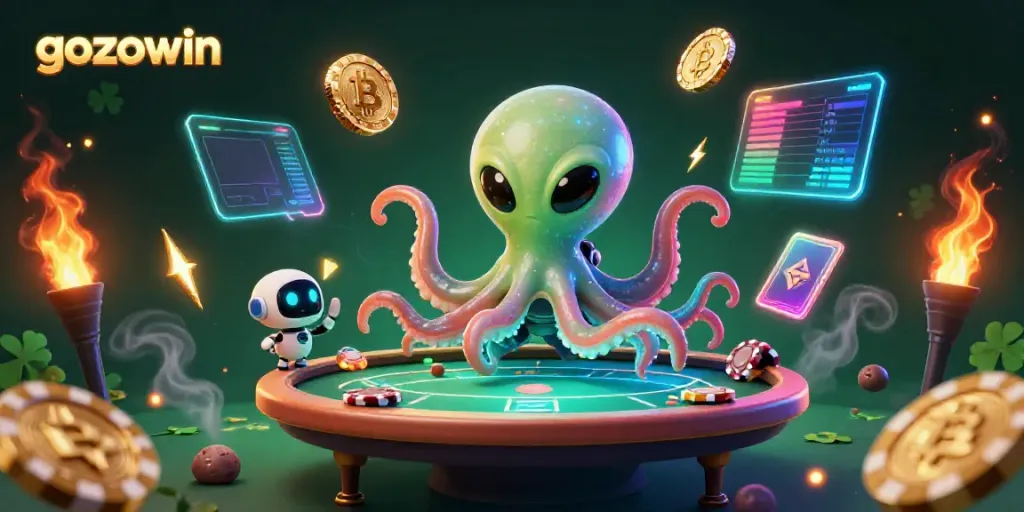 Experience exciting poker action with gozowin's alien-themed casino environment featuring dynamic holographic displays.