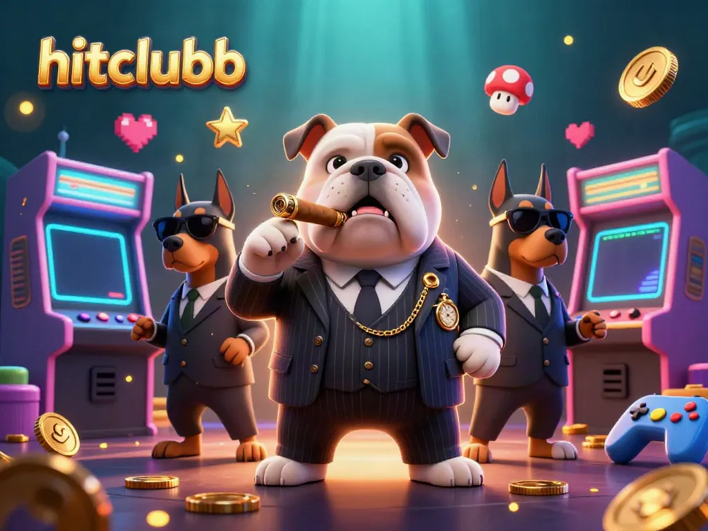 Hitclubb scene featuring a mafia bulldog and bodyguards amidst arcade games, exuding casino magic.